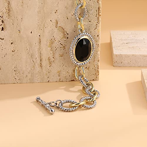 Aprilery David Wire Cable Bracelet For Women And Girls Two-Tone Gold Rolo Chain Designer Inspire Link Bracelets Vintage Fashion Black Oval Stone #TOP4