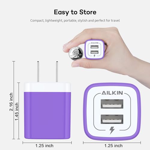 2Pcs USB Wall Charger, AILKIN USB Plug Home Travel Power AC Adapter Charging Block for iPhone, Google Pixel, Samsung Galaxy, HTC, LG, Motorola Cell Phone Quick Charge Base USBA Adaptive HandSet Cube - Thumbnail 5