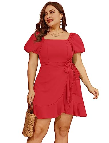 Image of Sampeel Womens Summer Dresses Square Neck Puff Sleeve Tie Waist Short Dress