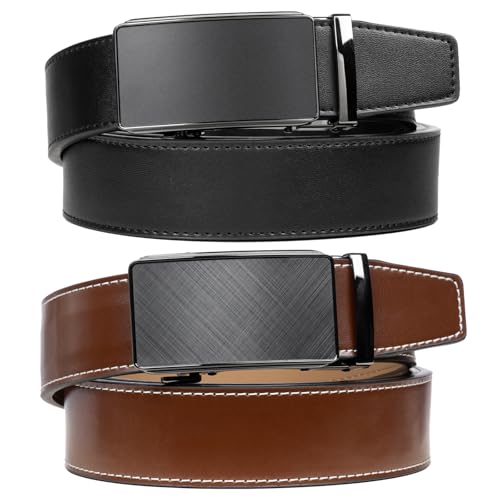 Image of 2 Pack Ratchet Belt 1 3 /8 inch, Mens leather Dress Belt in Gift Set Size 28 inch-62 inch Adjustable waist Trim to Fit