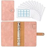 Housolution A6 Notebook Budget Binder, Mini PU Leather Money Organizer with 12 PCS Clear Plastic Zippered Cash Envelopes Pockets & Self-Adhesive Label, Budget Envelope, Pink