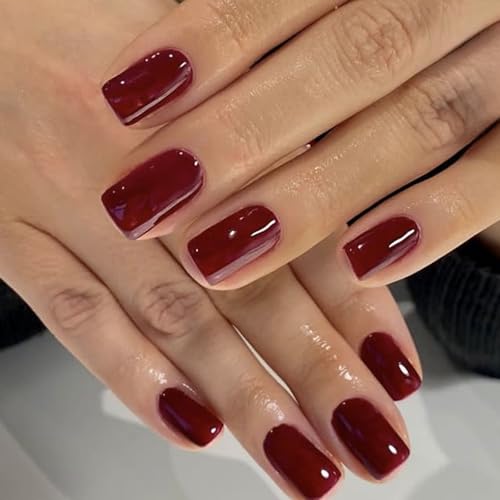 Ceboic 24 Piezas Uñas Postizas Cortas Cuadradas Francesas Adhesivas Uñas Acrílico Cobertura Completa Uñas Falsas con Pegatinas de Pegamento Press on Nails para Mujeres y Niñas (Vino Tinto)