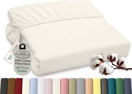 Image of ROYALE LINENS 300 Thread Count 100% Long Staple Combed Cotton Fitted Sheet Twin XL - Super Soft Deep Pocket Bottom Sheet - Fitted Sheets Only - Elastic Sheets (Twin XL, Cream)
