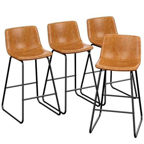 Image of REONEY Bar Stools Set of 4, 26 inch PU Leather Counter Height Barstool, Brown