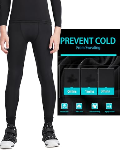 HOPLYNN 3 Pack Youth Boy’s Compression Pants Leggings Tights Quick Dry Athletic Base Layer Under Pants Gear for Kid’s Football Basketball Sports -1 Black 1 Gray 1 Blue-M