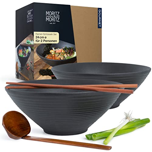 Moritz & Moritz 2x Ramen Schüssel Keramik - 800 bis 1300ml - 24 cm Ø - Schwarzes Ramen Bowl Set für 2 Personen - Für Suppe, Pho und Sushi Bowl - Inkl. Stäbchen und Löffel