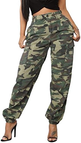 DRESSMECB Women's Casual Camouflage Loose Elastic Button Cargo Pants with Pockets Camouflage Large
