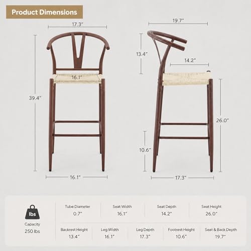KEIKI Woven Bar Stools Set of 2, Counter Height Bar Stools with Metal Legs, Mid Century Modern Upholstered Kitchen Barstools for Kitchen Island Dining Room, Natural Rope Pattern, Easy Assembly, Walnut by KEIKI - Used condition - Image 2