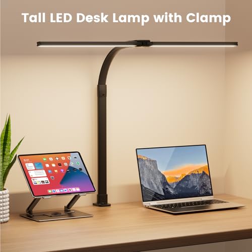 Image of LED Desk Lamp for Home Office, 24W Computer Desk Light with Remote Control, Bright Table Lamp with Clamp Dimmable Tall Desktop Lighting with Bendable Gooseneck, Double Head, Black