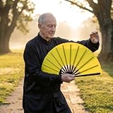 baotongle 2 duże składane jedwabne wachlarze ręczne, chińskie tai chi, składane, nylonowe, chińskie wachlarze Kung Fu, z uchwytem, rękawy, do tańca, na festiwal, do tańca, na festiwal, 2 sztuki (żółte
