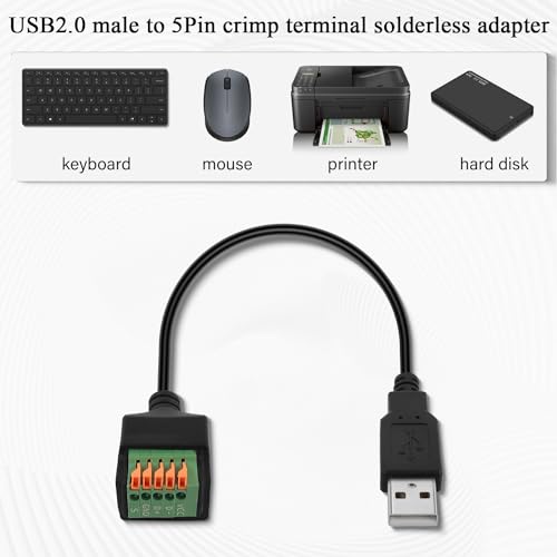 QIANRENON USB2.0 szybkie podłączenie adapter bez lutowania krótki kabel USB2.0 męski na 5-pinowe złącze zaciskowe USB2.0 sprężynowy zacisk płytka rozdzielająca, 480 Mb/s 5 V2A, do DIY/naprawy USB, 30