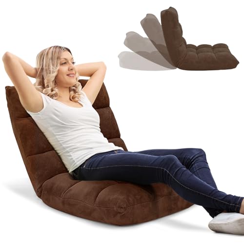 RELAX4LIFE Fauteuil Bas Multiposition Réglable en 14 Angles, Chauffeuse Convertible Fauteuil Paresseux 1 Place Adulte Rembourré Charge 120kg, 105x57x15CM(Molleton de Corail, Brun)