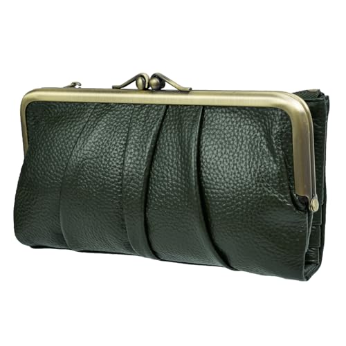 Image of EASTNIGHTS Soft Leather Wallets for Women Compact Bifold RFID Clutch Wallet Ladies Coin Purse with Zipper and Kiss Lock, Green, L, Leather Women Wallet Long