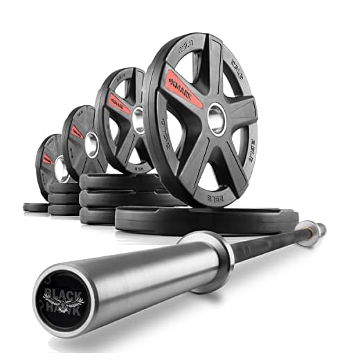 XMark 115 lb Olympic Weights Set, BLACKHAWK 7' Olympic Bar, Barbell and TEXAS STAR Weight Plates
