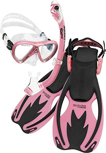 Cressi Junior Snorkeling Kit para niños de 3 a 10 años - Máscara + Snorkel Seco + Aletas Ajustables + Bolsa de red - Equipo ligero y colorido - Rocks Pro Dry Set