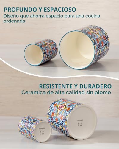 Miniatura 7 de Vancasso Juego De 2 Soporte Para Utensilios De Cocina Bohemio, 18,6 Cm 14 Cm Porta Cubiertos De Ceramica, Tarros Organizador Decorativos Para Encimera, Flor Del Crepúsculo