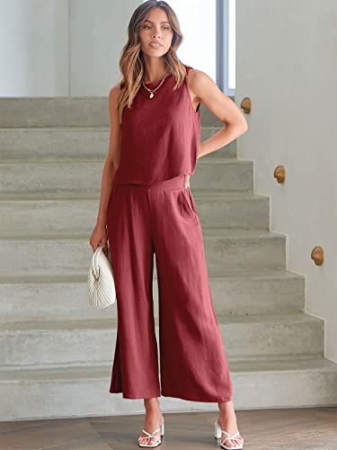 Image of ANRABESS Women's Summer 2 Piece Outfits Sleeveless Tank Crop Button Back Top Cropped Wide Leg Pants Set Pockets