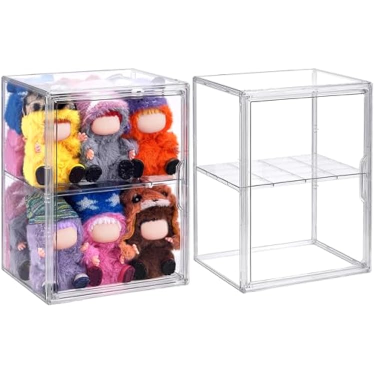 2 Pack Acrylic Display Case Compatible with Labubu POP MART, Clear Hobby Figure Display Case with Magnetic Door Stackable Storage Box Shelf Showcase for Funko Pop MART Labubu Doll Collectibles, Large