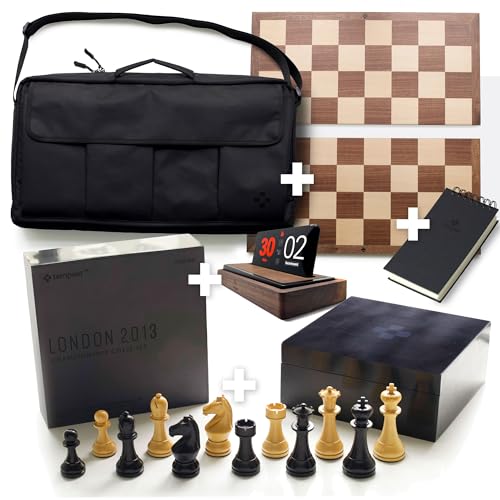 Tempest Chess Ensemble: Schachspiel aus Holz + tragbares Schachbrett aus Hartholz + Tragetasche + Aufbewahrungsbox + Punktebuch + Tempest Deluxe Schachuhr/Dock (London 2013 Ultimate Ensemble)