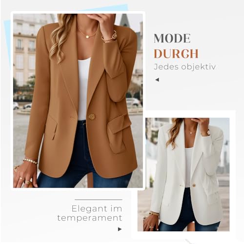 Women's Minimalist Solid Button Lapel Collar Blazer, Long Sleeve Slim Fit Work Office Jacket with Pockets4