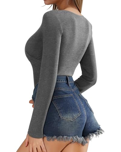 Image of Mangopop Women' Surplice Ruched Plunge Neck Deep-V Long Sleeve Bodysuit Jumpsuits