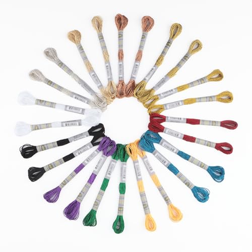 Image of Metallic Embroidery Floss 24 Skeins Set (12 Colors*2 Skeins) Glittery Metal Effect Shinny Cross Stitch Thread for Hand Embroidery, Sewing and DIY Handmade Artwork (12 Colors*2 Skeins-Set 1)