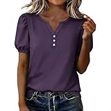 Womens Summer Henley Tops Casual Puff Short Sleeve Button V Neck Shirts Business Fashion Dressy Work Blouses Purple