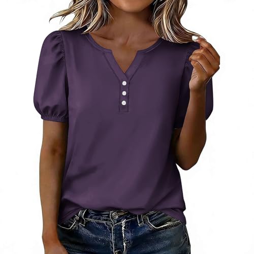 Womens Summer Henley Tops Casual Puff Short Sleeve Button V Neck Shirts Business Fashion Dressy Work Blouses Purple