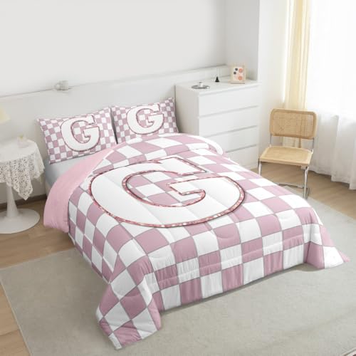 Image of Erosebridal Pink Initial G Kids Comforter Sets Kawaii Plaid Checkered King Bedding Set for Girls Teen Women Cute Personalized Monogram Comforter Set,Fashion Grids Gingham Quilt Duvet 3 Pcs