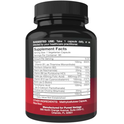 Purest vantage Vitamin B Complex Vitamins B12, B1, B2, B3, B5, B6, B7, B9, Folic Acid - Super B Complex Vitamins for Women, Men, Adults - 90 Vegetarian Capsules - Thumbnail 2