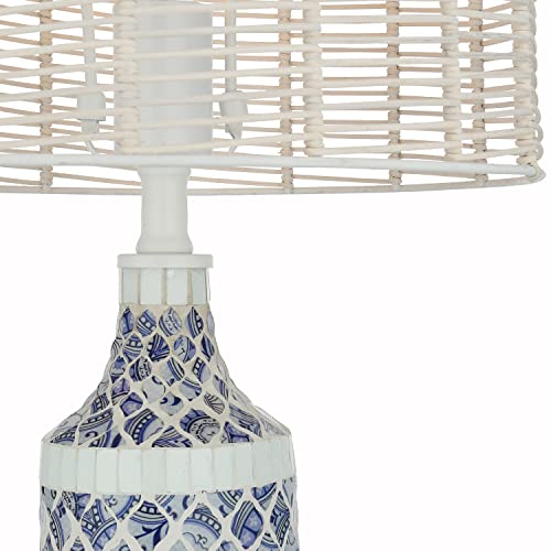 River Of Goods 24.75" Blue/White Glass & Tan Rattan Desk Lamp - Table Lamp - Lamp For Bedroom - Bedside Lamps - Eclectic Style #TOP6