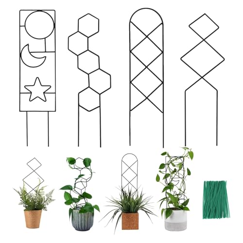 Garvee 12 Packs Plant Trellis for Climbing Plants, Trellis with Rust-Resistant Coating for Outdoor Garden Pot, Thickened Small Plant Supports, 4 Different Patterns for Plant Flower(with 100 Ties)