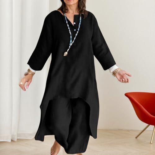 Effortlessly Chic Black Linen Ensemble with Wide-Leg Pants - Image 2