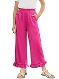 Haloumoning Girls Wide Leg Pants Kids Casual Paperbag High Waisted Ruffle Hem Pants Trousers with Pockets 5-14 Years Hot Pink