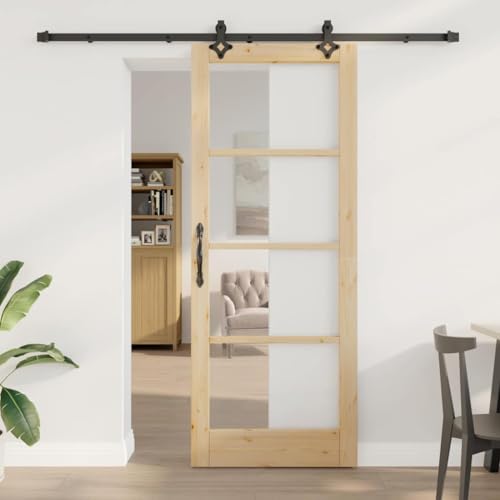 Iiaky Puerta Corredera con Herrajes Puerta Corredera de Interior Cristal para Baño Salón Sala de Estar Cocina Puerta Corredera Madera y Metal-Natural y negro-83 x 211 cm/213.5 cm