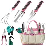 Garden Tools Set 7 Pack, Stainless Steel Gardening Set, Heavy-Duty Gardening Kit with Durable Storage Tote Bag, Non-Slip, Ergonomic Handles, Rust Proof, Gardening Gifts for Women Men, Pink