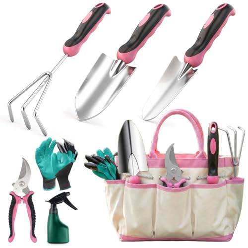 Garden Tools Set 7 Pack Stainless Steel Gardening Set Heavy-Duty Gardening Kit with Durable Storage Tote Bag Non-Slip Ergonomic Handles Rust Proof Gardening Gifts for Women Men Pink