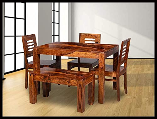 Image of VK Furniture Sheesham Solid Wood 4 Seater Dining Table Set of Four with 3 Chairs 1 Bench for Dinner Hall Kitchen Living Room Home Office Restaurant |L45 X W30 X H30|Natural 02