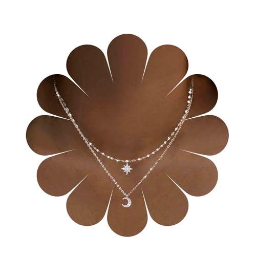 Aneneiceera Boho Layered Crystal Star Moon Choker Necklace Silver Cz Crescent Moon Pendant Necklaces Rhinestone Northstar Necklaces Rhinestone Star Necklace Chain Jewelry for Women(Style A)