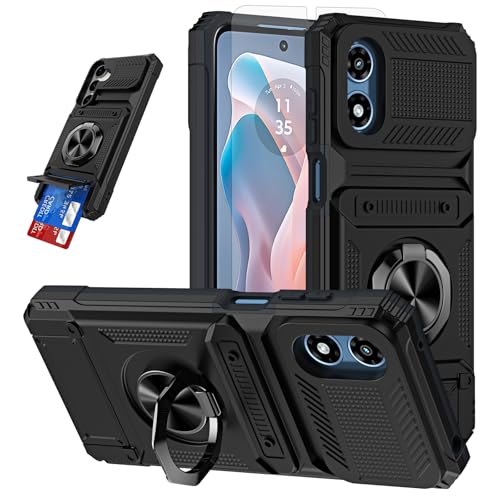 Furiet Phone Case for Motorola Moto G Play 2024 5G with Tempered Glass Screen Protector Card Slots Ring Stand Soft Silicone Bumper Hybrid Two Layer Defender Accessories Cell for GPlay Women Men Black