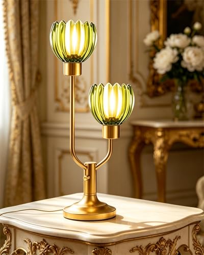 Image of Lightdot Green Glass Flower Table Lamp for Living Room Dimmable Gift | Bulbs Included Mid Century Modern Vintage Gold Desk Lamp Warmwhite Ambient Nightstand Bedside Lamp for Bedroom Home Decor
