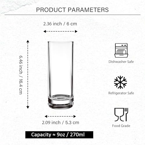 Highball Glasses Set of 6, 270 ml Clear Drinking Glasses Set for Water, Juice, Cocktails, Wine, Beer, Whiskey, 9 Ounce Heavy Base Glasses by binsakao - Image 2