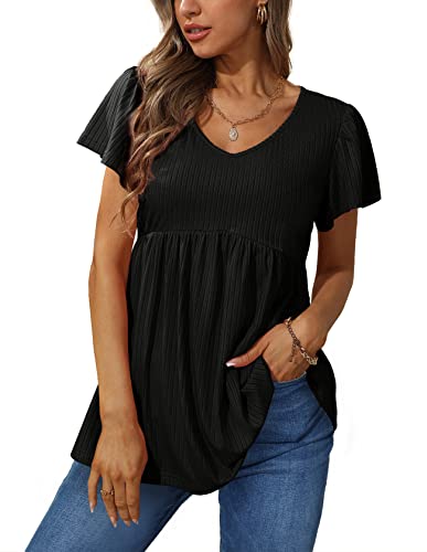 Glanzition Short Sleeve Shirts for Women Summer Tunic Tops to Wear with Leggings Black M