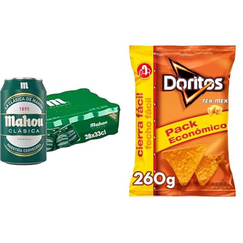 Mahou Clásica, Pack 28 Latas x 33cl, Cerveza Dorada Lager, Auténtica Cerveza Mahou Con Sabor Suave, Refrescante y Con Espuma Consistente, 4.8% Vol + Doritos Tex Mex Sabor a Queso -260g