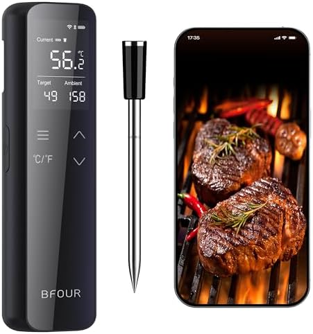 BFOUR WiFi Bluetooth Grillthermometer,Fleischthermometer mit 6 Sensoren,2600mAh Akku,IP67 Wasserdicht,App-Steuerung,Bratenthermometer Für Smoker, Grill, Ofen & Küche