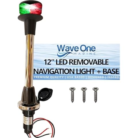 Wave One Marine LED Bow Removable 12" Inch Bi-Color Navigation Light With Stainless Plug In Base | Boat 2 Pin Pole Pontoon Red Green 1NM Visibility | 12 Volt DC | Night Nav Waterproof Cover