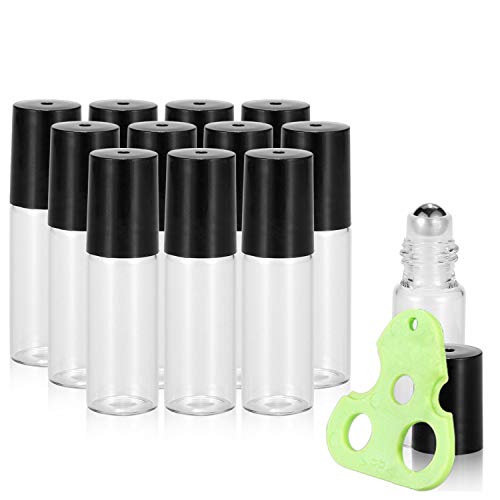 Olilia 5ml Glass Essential Oils Roller Bottles with Stainless Steel Ball 12 Pack, Essential Oils Key included (Transparent)