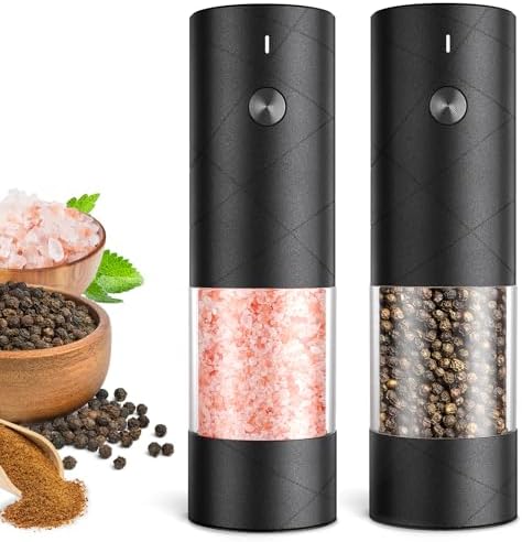 Electric Salt and Pepper Grinder Set, Rechargeable Automatic Pepper Mill Grinder with LED Light, Adjustable Coarseness shakers, One-Hand Operation for Kitchen(2 Pack, Upgrade Black+Black)