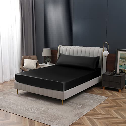 Homiest Black Satin Fitted Sheet Queen Size Fitted Bed Sheet, Deep Pocket Fitted Sheet Only, Luxury & Ultra Soft Bedding Fitted Sheet Single Bottom Bed Sheets Sold Separately #TOP6