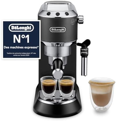 De’Longhi Dedica Style - Perfetto Machine à Expresso Compacte, Mousseur de Lait Manuel pour Expresso et Cappuccino, Compatible Dosettes ESE, Panneau de Commande à Boutons, Largeur 15cm, Noir(EC685.BK)